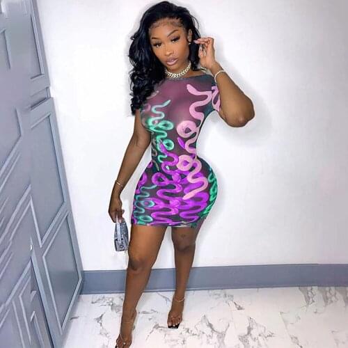 Women Snake Print See Through Mini Dress Ladies Round Neck Short Sleeve Net Yarn Dresses Streetwear Body-shaping Slim Vestidos