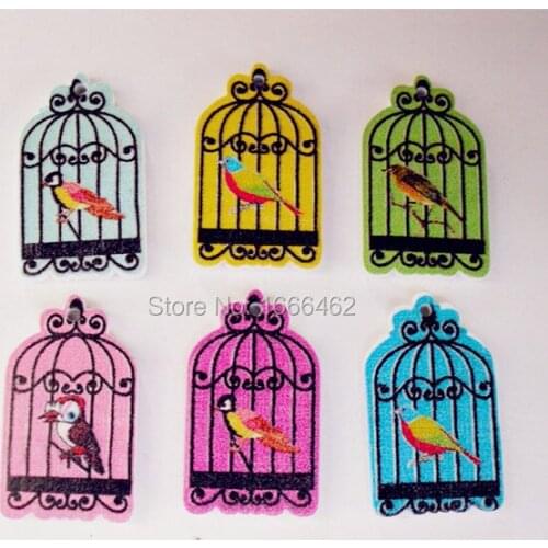 Wholesale 100 Pcs Mixed Cute Birdcage Shape Wood Sewing Buttons Scrapbooking 30x17.5mm For Handcraft DIY Jewelry Findings