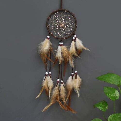 Home decor dream catchers brown handmade feather dreamcatcher circular net for Car kids bedroom decoration ornament craft