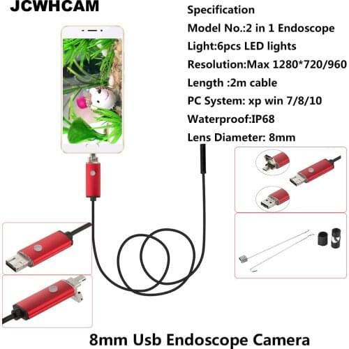 JCWHCAM 2MP 8MM HD 720P Android USB Endoscope Camera 2M Flexible Snake USB Android Phone Borescope Camera For Smartphone and PC