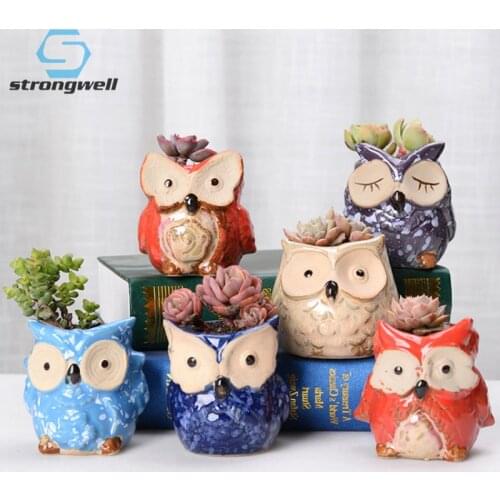 Home Office Decor Hand Ceramic Flower Pot Painted Crafts Green Plants Miniature Owl Figurines Succulent Flower pots Ornament