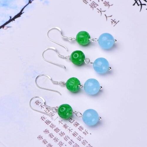 Classic Natural Stone Jewelry Simple Romantic Fashion 8mm Round Aquamarines Beaded Dry green Pendant Copper Earrings