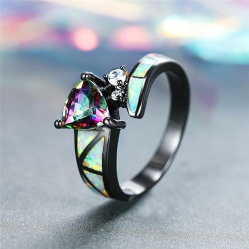 Antique Black Gold Wedding Ring Mystic Rainbow Triangle Zircon Ring White Opal Stone Engagement Rings For Women Vintage Jewelry