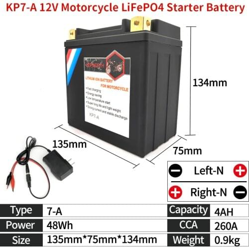 KP7-A Lithium iron Motorcycle Starte Battery 12V 7Ah CCA 260A LiFePO4 Motorbike Battery LFP Built-in BMS For ATVs UTVs Scooter