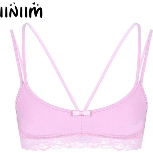 Mens Sissy Tank Lingerie Underwear for Gay Male Spaghetti Sexy Underwear Wire-free Bralette Lace Hem Strappy Bra Top