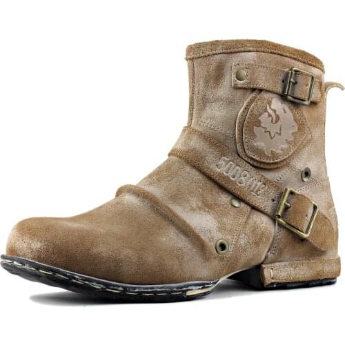 Mens Ankle Boots Retro Cowboy Boots Zipper-up Motorcycle Boots Genuine Leather Mens Chukka Western Boots Designer Shoes