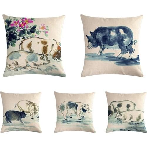 Pig Pillowcase Home Sofa Square Farm house hog 45X45cm Throw Pillow Cover Cartoon Ink painting Decorative Cushion Cover