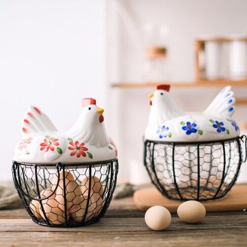 New American Iron Egg Storage Basket Snack Fruit Basket Creative Collection Ceramic Hen Oraments Decoration Kitchen Accessories
