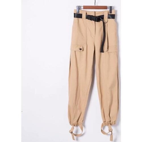 Autumn New Fashion Cargo Pants Women High Waist Sashes Big Pockets Bundle Leg Trousers Women Cool Loose Safari Pants Mujer 2021