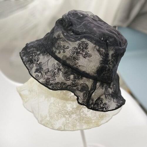 Fashion Buckets Hat Women Transparent Lace Flower Beach Panama Hats High Top Female Fashion Flower Sun Lady Cap Summer Travel