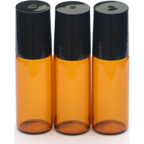 3pcs Essential Oil 5CC Amber Roller Glass Vial Empty Fragrance Perfume Jar 5ml Roll-On Black Plastic Cap Bottle
