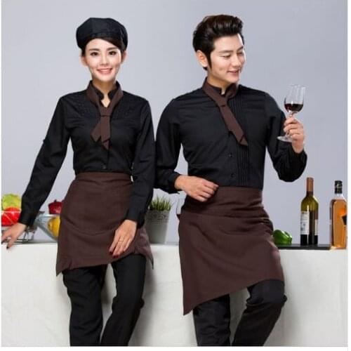 Coffee House Server Long Sleeve Work Shirt+Apron+Tie Sets Women and Men Hotel Cafeteria Uniform Cheap Hotpot Waiter Clothing