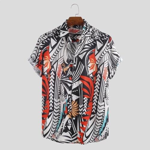 Mens Lapel Hawaiian Print Short Sleeve Shirt Summer Fashion Casual Loose Feather Color Block Print Shirt Mens Clothing Shirt
