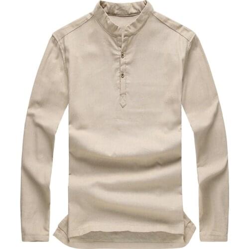 Quality Fashion Mens Pullover Shirt Long Sleeve Linen Shirts Stand Mandarin Collarless Shirt for Men Casual Camisas Manga Longa