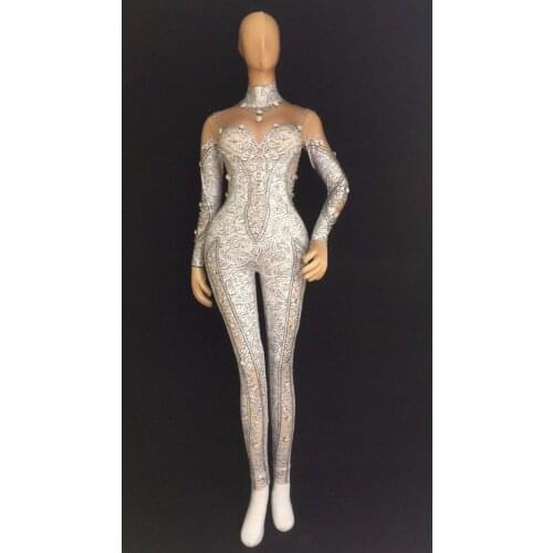 Stage Costume Sexy White 3D Printing Rhinestones Tight Jumpsuit Female Singer Female Dj Nightclub Sexy Costume Party Celebration
