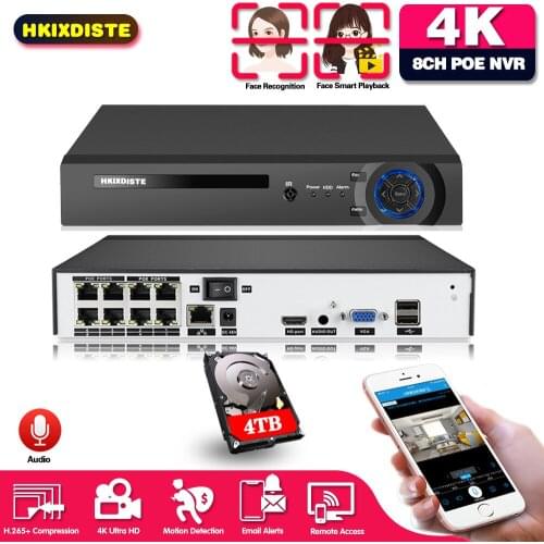 H.265+ 8CH 5MP NVR RJ45 POE 8 Channel Surveillance Video Audio Recorder Security Camera System CCTV Onvif Face Detection/Record