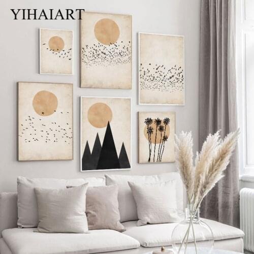 Scandinavian Abstract Landscape Poster Moon Birds Canvas Painting Simplicity Print Nordic Vintage Wall Art Picture Home Decor