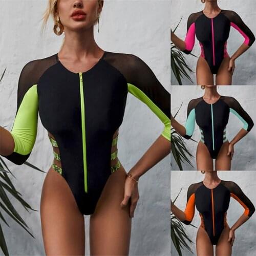 Stitching Zipper One-piece Swimsuits Women Hollow Out Mesh Swimwear Tight High Waist Beach Wear Sexy Striped Mid-sleeve Bikini
