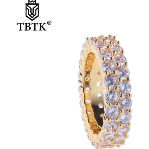 TBTK Bling Iced Out Zircon Gold Ring Prong Setting Two Row Rhinestone Beautiful Bling Ring Street Style Costume Jewelry Cool Men