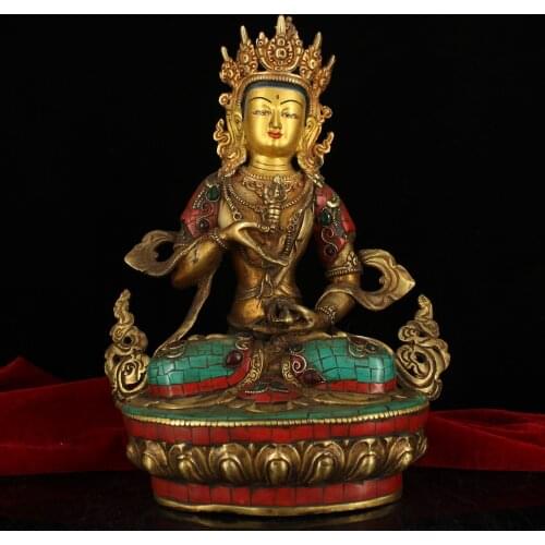 13"Tibet Buddhism Old Bronze Gem Painted outline in gold Vajrasattva Sitting Buddha King Kong Enshrine the Buddha
