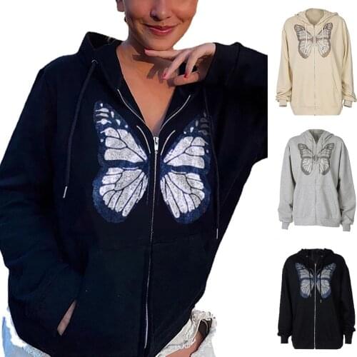 Vintage Angel Print Oversized Hoodies Female Zip Up Long Sleeve Womens Sweatshirt Y2K Aesthetic Autumn Winter Grunge Streetwear