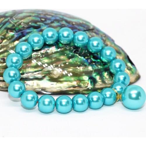 Unique design high quality sky blue round imitation shell pearl 10mm elastic rope bracelet for women jewelry 7.5inch B1712