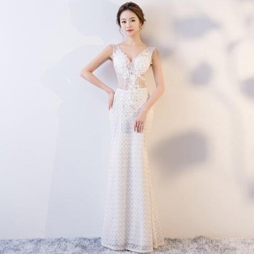 Evening Dress V-Neck Fashion Sleeveless Pleat Floor-length White Embroidery Mermaid Plus size Women Formal Party Dresses C1326