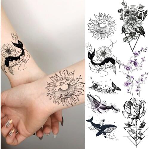 3D Black Whale Sun Flower Temporary Tattoos For Women Adult Rose Flower Geometric Lavender Fake Tattoo Body Art Washable Tatoos