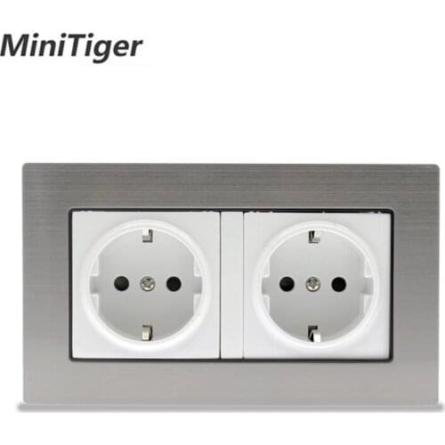 Minitiger High Quality 146*86 mm EU Standard Double Socket Luxury Wall Power Outlet Stainless Steel Panel Electrical Plug