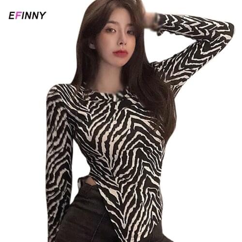 Womens Shirt Zebra-stripe T Shirt Korean Style Ladies Long Sleeve Blouse Fashion Office Lady T-shirt Summer Cloths for Women