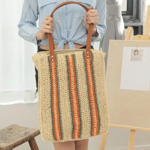 Women Woven Tote Bag Fashion Striped Hasp Soft Shoulder Bag Handbag Shopping Bag Beach Holiday