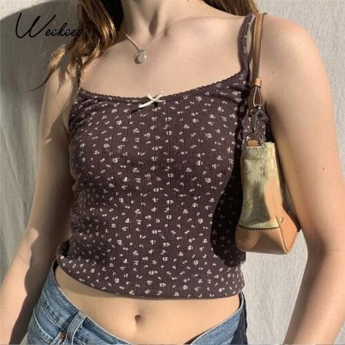 Weekeep Small Floral Print Knitted Camisole Women Vintage Brown Harajuku Crop Top Spaghetti Strap Cute Bows Sweet Camis Vest New