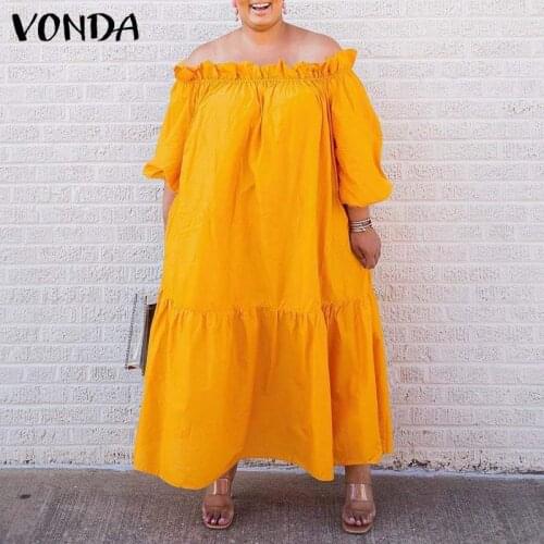 Women Summer Dresses 2021 VONDA Vintage Off Shoulder Sexy Pleated Long Dress Holiday Beach Sundrress Casual Party Vestido