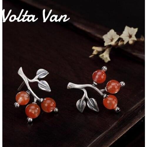 Volta Van Stud Earrings 925 Sterling Silver South Red Agate Vintage Fine Jewelry Leaves All-Match 2021 New Elegant Earrings
