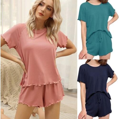 2021 Women Ruffle Two Piece Set Outfits Loose Clothing Solid Color Summer Fashion Casual Top Shorts