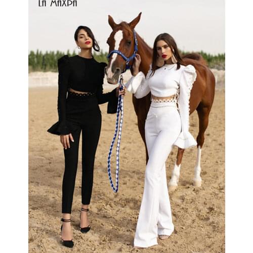 Summer Womens Sexy O-neck Flare Sleeve Long Sleeve Hollow Lace Elegant Top + Ladies 2-piece Fashion Wide Leg Pants Set