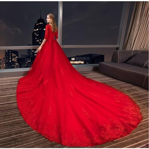 2020 white red Wedding Dresses ball gown Sexy appliques beading Vintage wedding Gown long train bridal gown Vestido De Noiva
