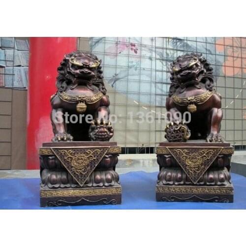 17" Huge Chinese Red Pure Bronze Guardian Foo Dog Lion Pair statue