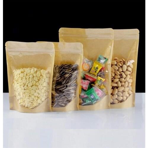 20pcs One Side Clear Stand Up Kraft Paper Zip Lock Bags Resealable Snack Coffee Beans Dates Chocolate Gift Packaging Pouches