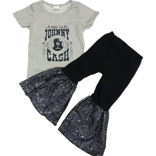 2020 wholesale kid boutique girls summer outfits gray johnny cash children kids clothes sequins bell bottom little girls clothes