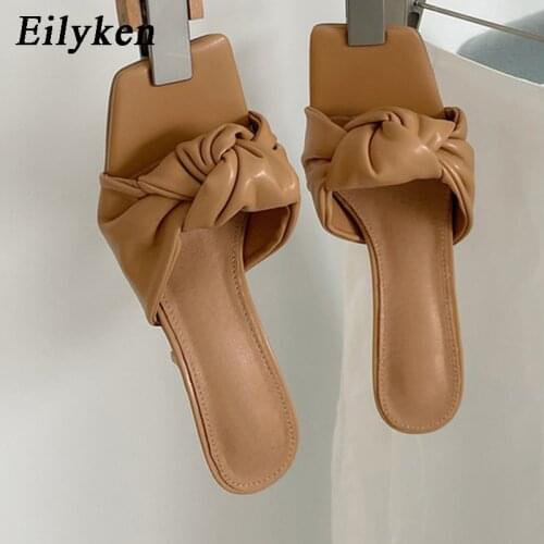 Eilyken New Design Pleated PU Leather Ladies Slippers Fashion Square Toe Sandals Women Leisure Sliders Shoes Low Thin High Heels