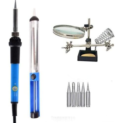 220V 60W Adjustable Temperature Electrical Soldering Iron Kit Solder Sucker Iron Tips Soldering Work Magnifying Welding Tool Kit