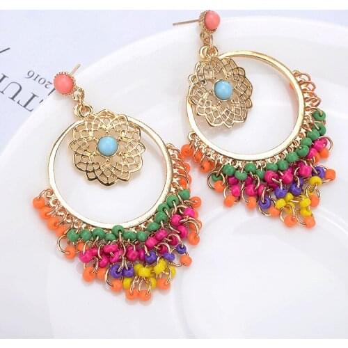 Classic Womens Multicolor Beads Long Tassel Earrings Handmade Gold Flower Fashion Jewelry Bohemia Wedding Earrings Hangers