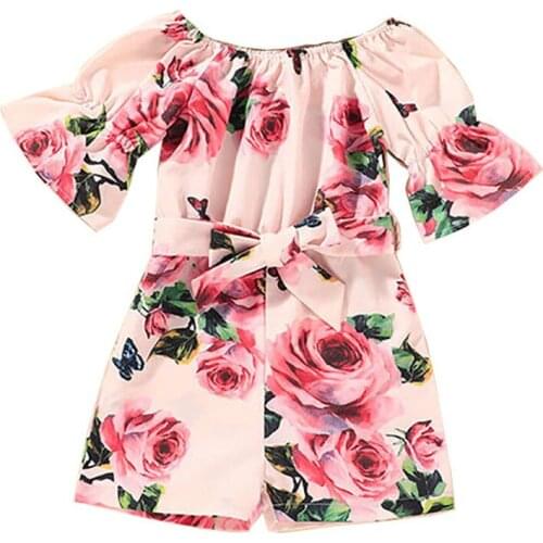 Little Girls Summer Pink Floral Rompers Kids Off Shoulder Flower Printed Jumpsuit One-Pieces Playsuits Baby Girl Casual Clothing