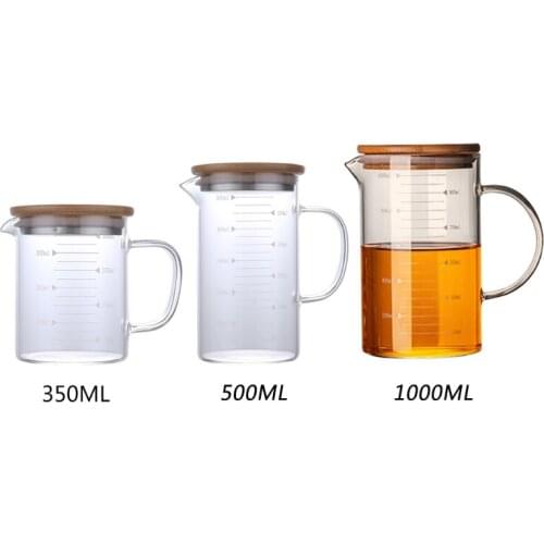 Multi-Function Food Grade Measuring Cup Graduated Beaker Mug with Handle and Durable Bamboo Lid Borosilicate Glass