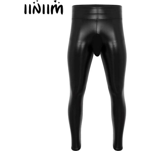 Mens Clothing Sexy Pants Male Wetlook Jockstraps PU Leather Thin Velvet Lining Bulge Pouch Pants Leggings Muscle Tights Pants