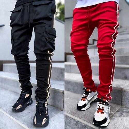 Pants Men Autumn Fashion Solid Reflective Casual Loose Elastic Mid Waist Fake Zippers Long Pants High Street Male Cargo Pants