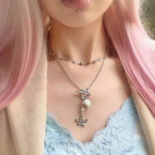 Fairy grunge angel pendant necklaces for women egirls stainless steel heart strand choker necklace harajuku y2k jewelry cute