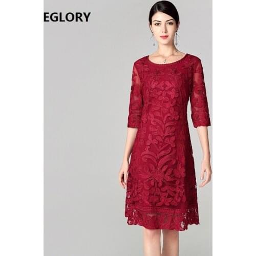 XXXXL Dresses Vestidos 2019 Spring Summer Fashion Cocktail Party Women O-Neck Allover Appliques Embroidery Wine Red Blue Dress