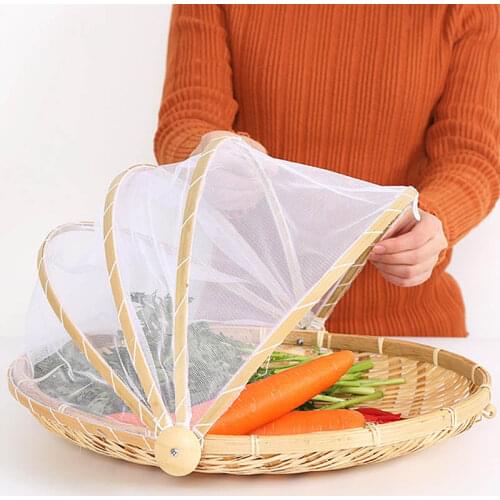 Hand-woven Insect-proof Basket with Gauze Dust-proof Picnic Basket Handmade Fruit and Vegetable Bread Cover Wicker Basket